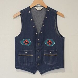 Vintage JC Penney Denim Vest Men's Small Handmade Native Style‎ Embroidery USA